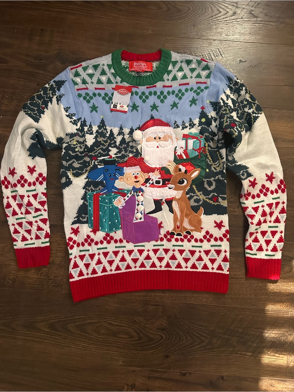 Rudolph & Santa Holiday Crewneck Sweater - Red, White, Green